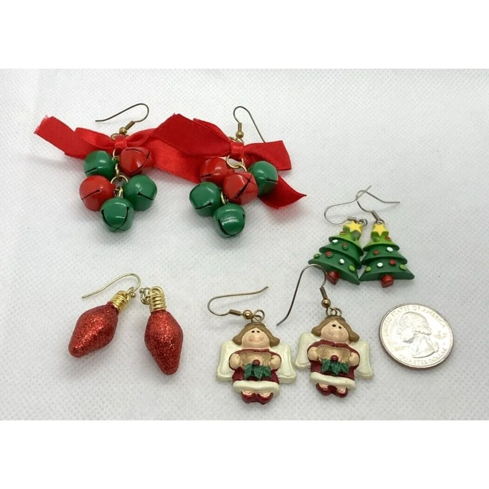 Vintage - Now Lot 4 Pairs Pierced‎ Christmas Earrings Tree Bell Bow Angel Bulb